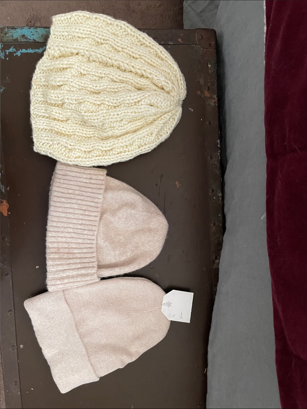 Women's Cream Cable Knit Beanie and Ribbed Knit Hat Set